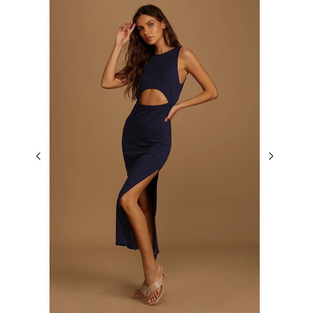 NWOT Lulus "Cut to the Feeling" Navy Blue Ribbed Cutout Bodycon Midi Dress